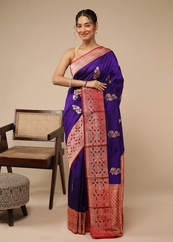 Purple Handloom Katan Pure Silk Saree With Blouse Piece One Size