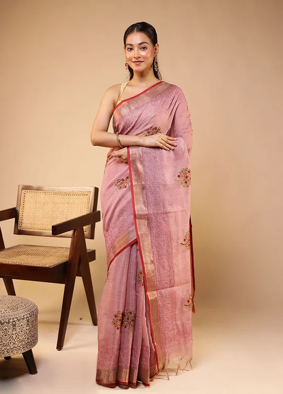 Pink Linen Silk Saree With Blouse Piece One Size