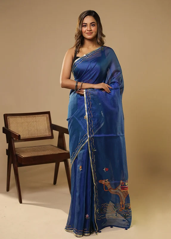 Blue Pure Cotton Saree With Blouse Piece One Size