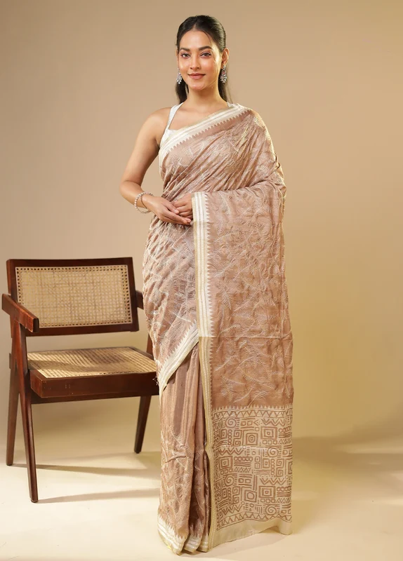 Cream Tussar Silk Saree With Blouse Piece One Size