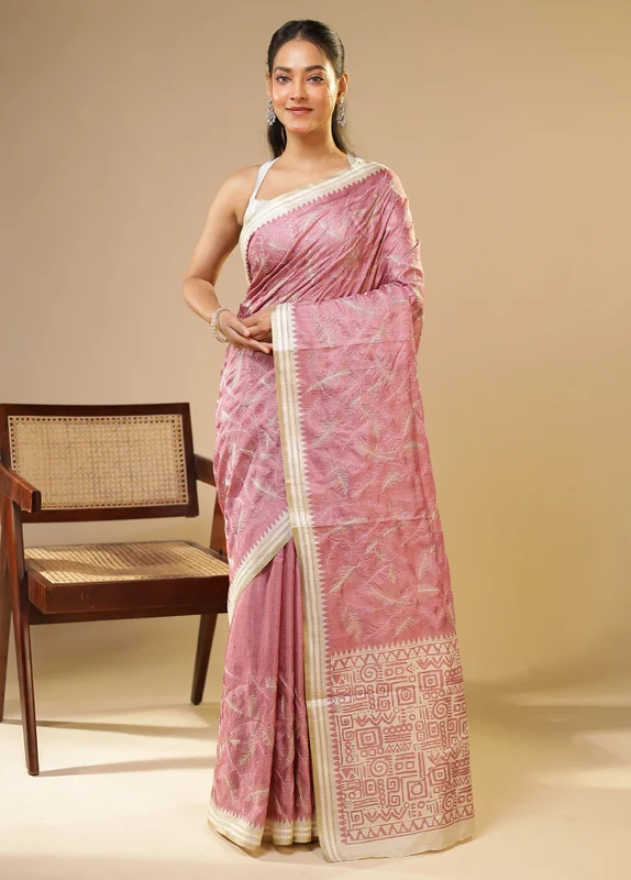 Pink Tussar Silk Saree With Blouse Piece One Size