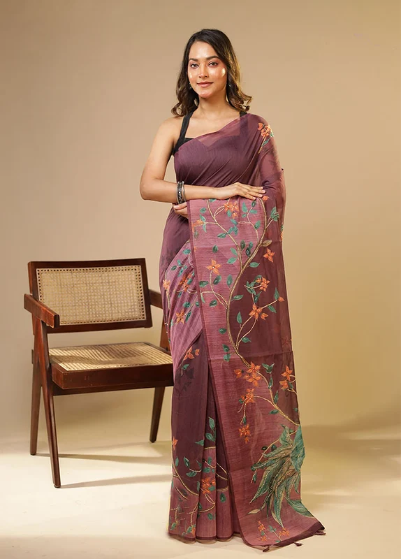 Brown Linen Silk Saree With Blouse Piece One Size