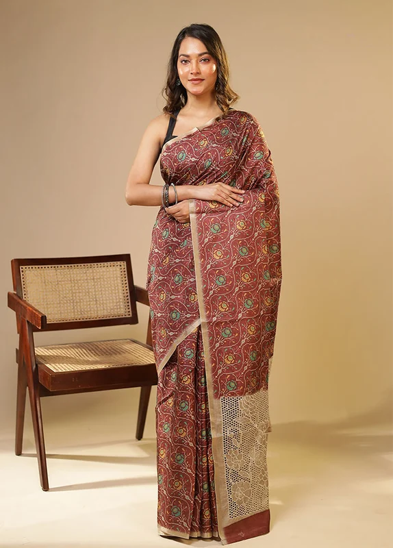Maroon Tussar Silk Saree With Blouse Piece One Size