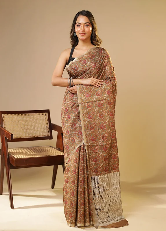 Cream Tussar Silk Saree With Blouse Piece One Size