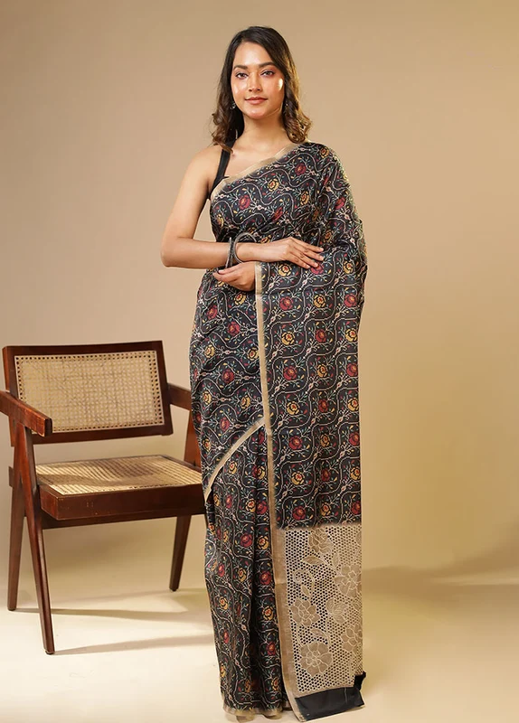 Blue Tussar Silk Saree With Blouse Piece One Size