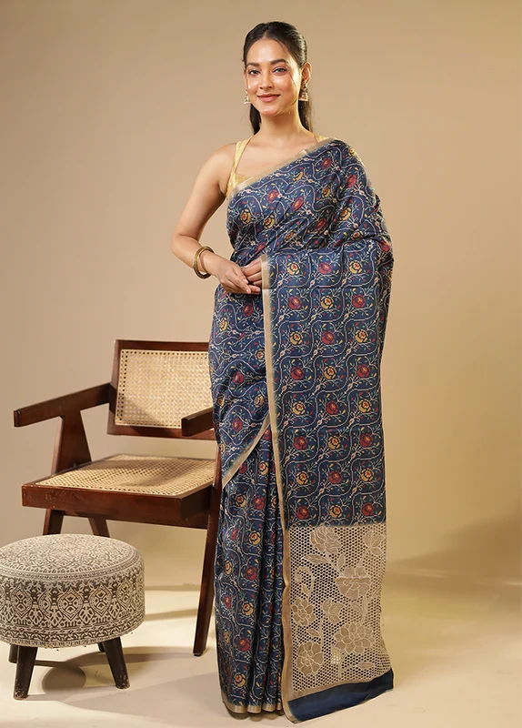 Blue Tussar Silk Saree With Blouse Piece One Size