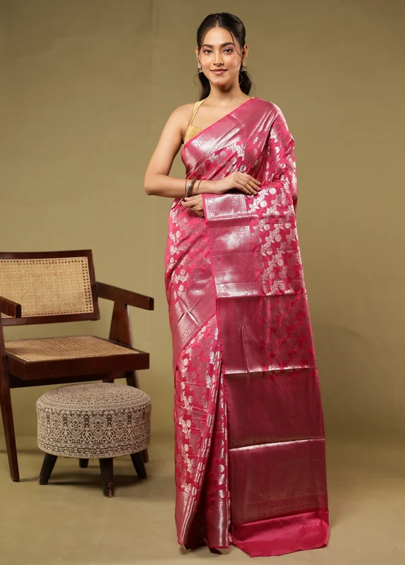 Pink Dupion Silk Saree With Blouse Piece One Size