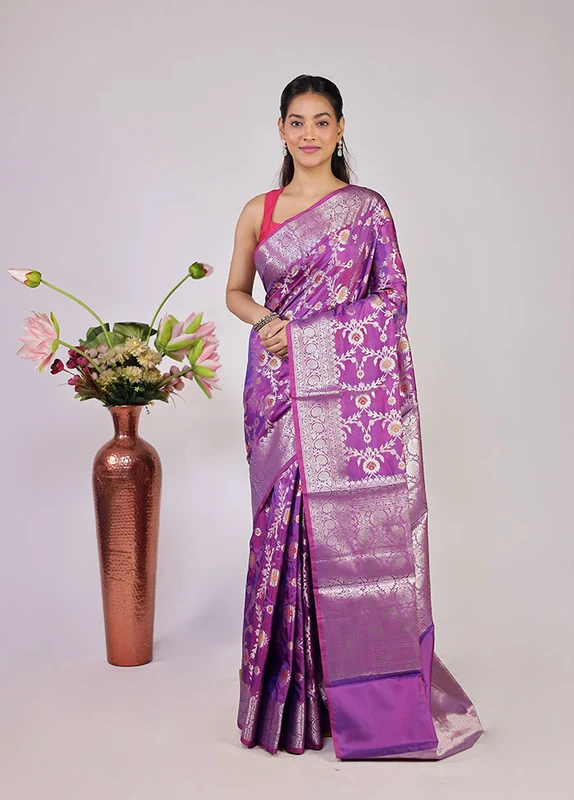 Purple Dupion Silk Saree With Blouse Piece One Size
