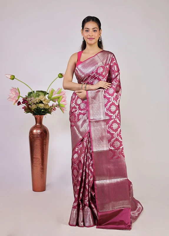 Pink Dupion Silk Saree With Blouse Piece One Size