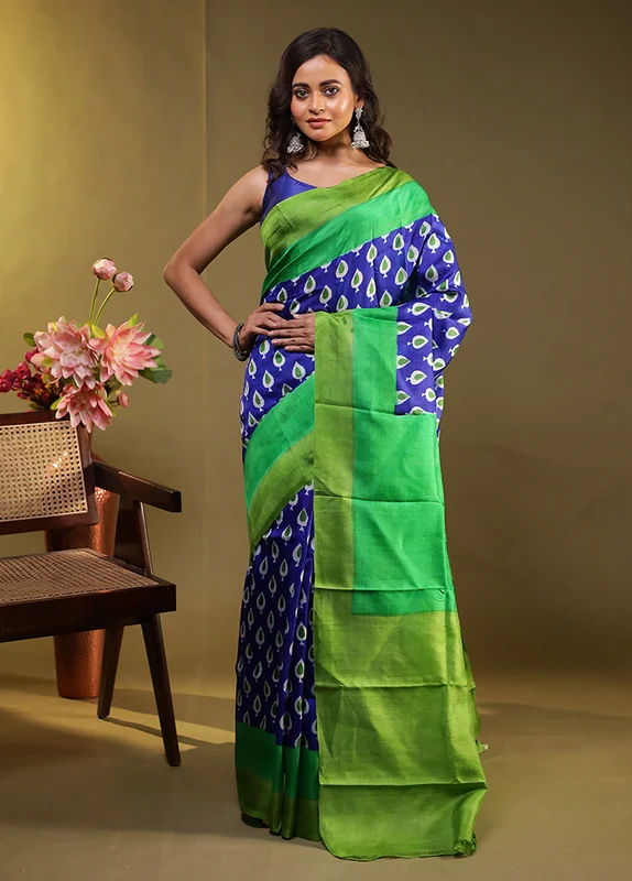 Blue Printed Pure Silk Saree With Blouse Piece One Size