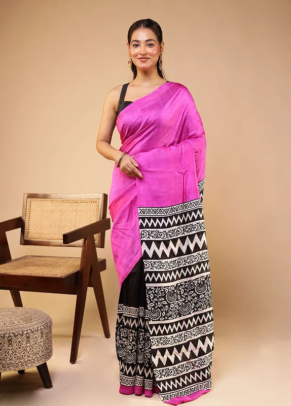 Magenta Printed Pure Silk Saree With Blouse Piece One Size
