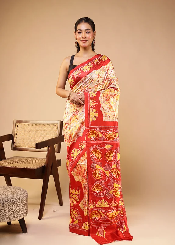 Multicolor Printed Pure Silk Saree With Blouse Piece One Size