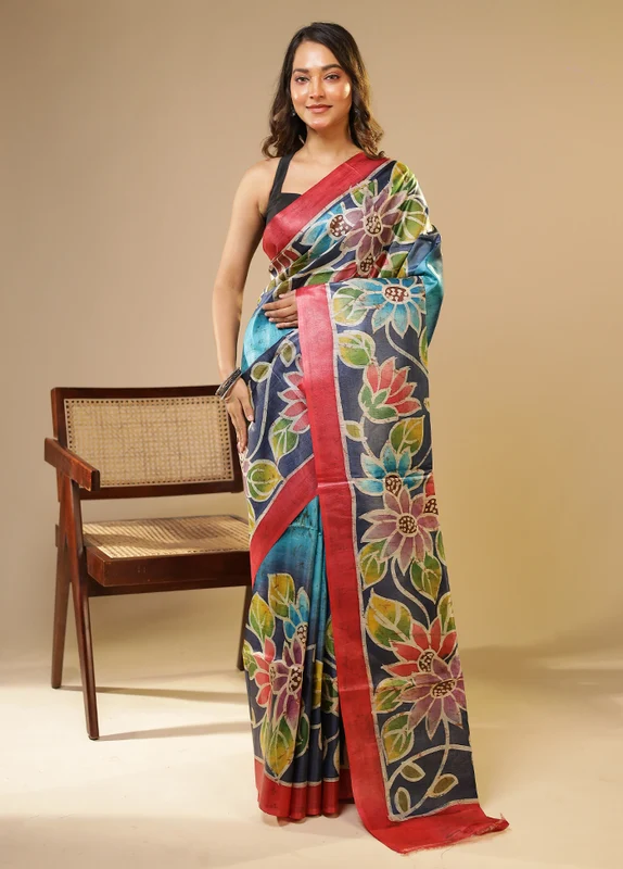 Multicolor Handloom Tussar Pure Silk Saree With Blouse Piece One Size