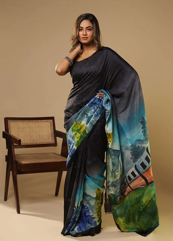 Multicolor Printed Pure Silk Saree With Blouse Piece One Size