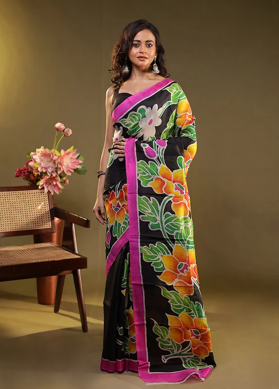 Multicolor Printed Pure Silk Saree With Blouse Piece One Size