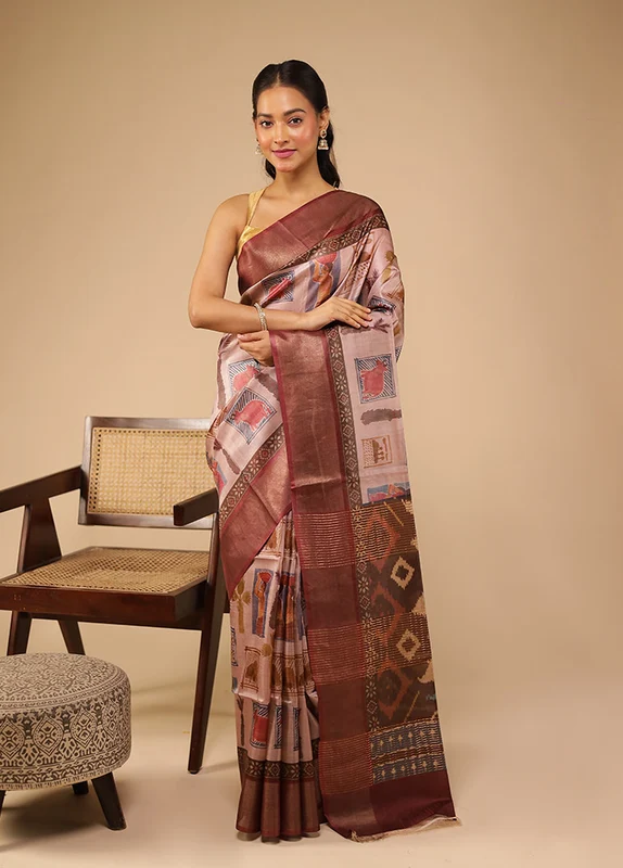 Maroon Handloom Tussar Pure Silk Saree With Blouse Piece One Size
