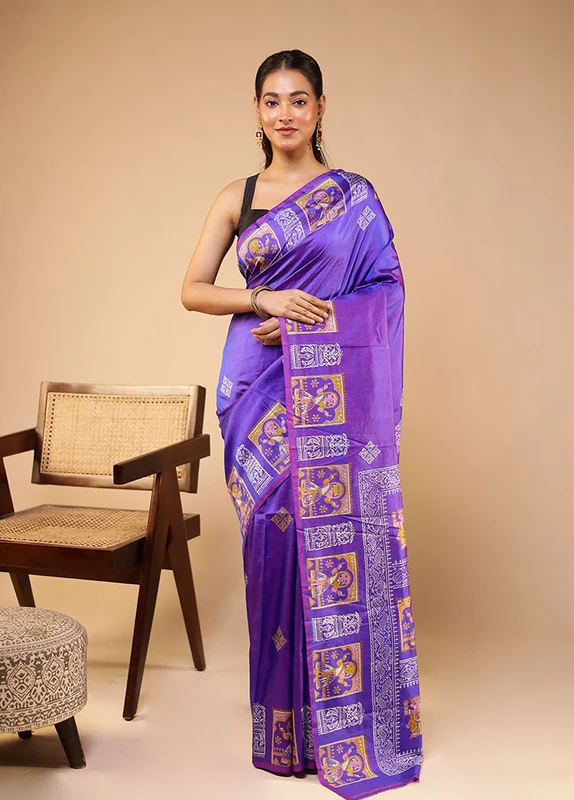 Purple Printed Pure Silk Saree With Blouse Piece One Size