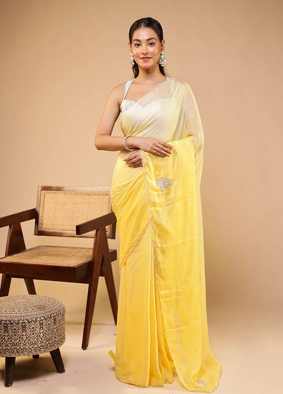 Yellow Georgette Saree With Blouse Piece One Size