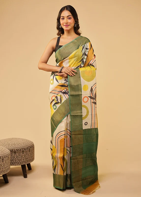 Green Handloom Tussar Pure Silk Saree With Blouse Piece One Size