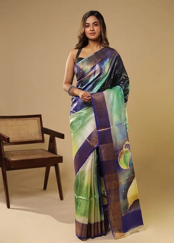 Multicolor Handloom Tussar Pure Silk Saree With Blouse Piece One Size