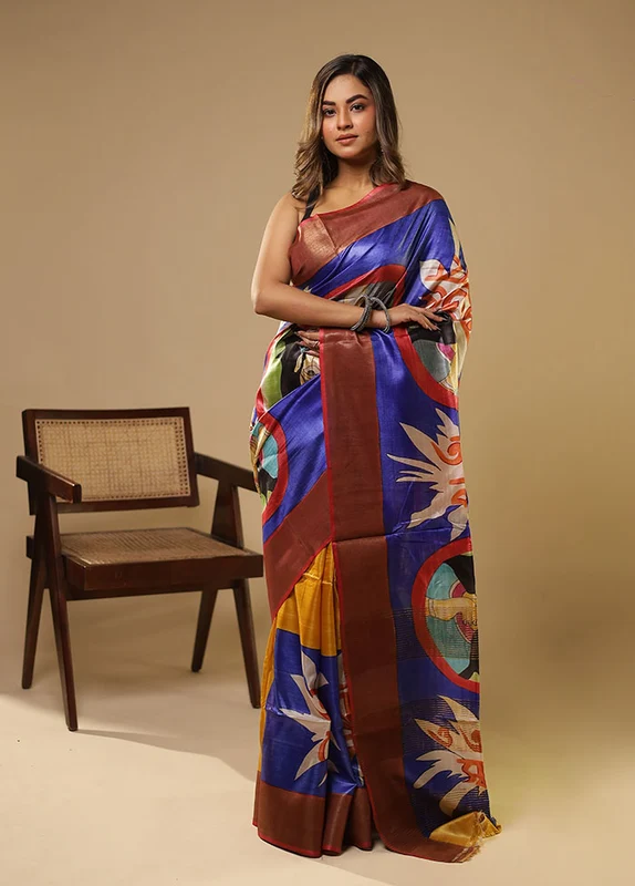 Multicolor Handloom Tussar Pure Silk Saree With Blouse Piece One Size