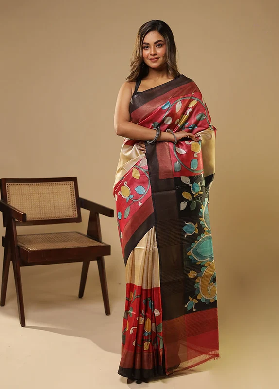Red Handloom Tussar Pure Silk Saree With Blouse Piece One Size