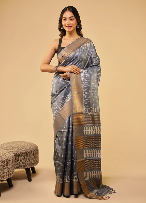 Grey Tussar Silk Saree With Blouse Piece One Size