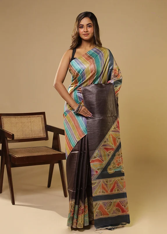 Multicolor Handloom Tussar Pure Silk Saree With Blouse Piece One Size