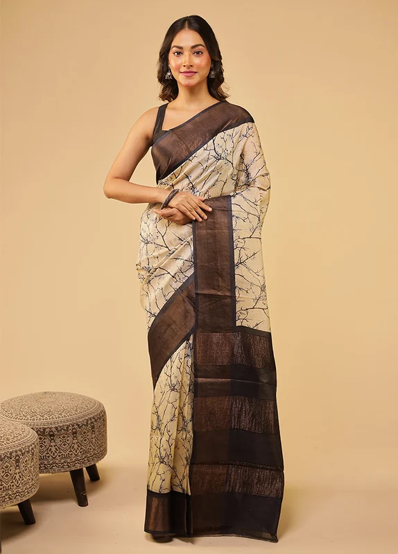 Cream Tussar Silk Saree With Blouse Piece One Size