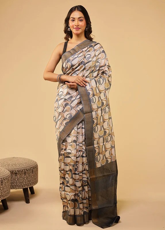 Cream Tussar Silk Saree With Blouse Piece One Size