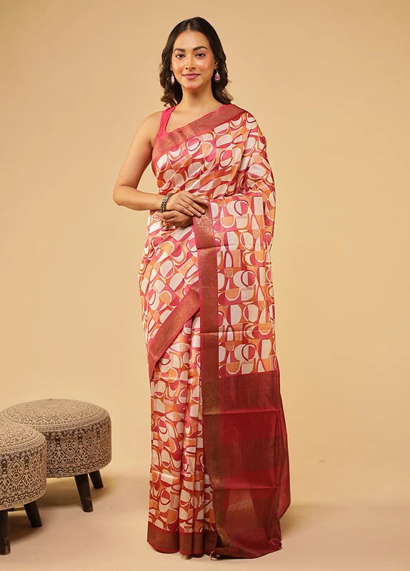 Red Tussar Silk Saree With Blouse Piece One Size