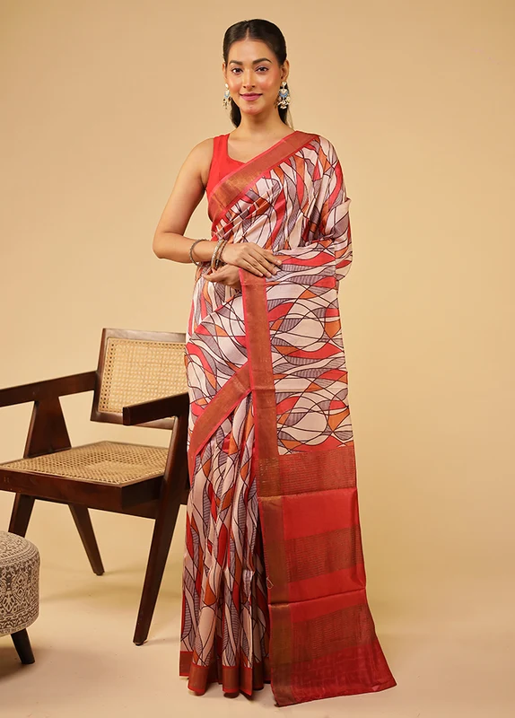 Red Tussar Silk Saree With Blouse Piece One Size