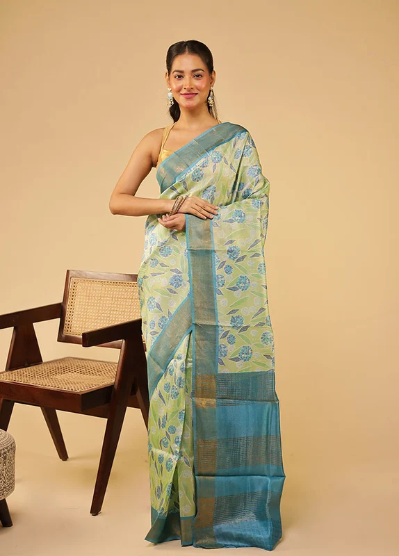 Green Tussar Silk Saree With Blouse Piece One Size