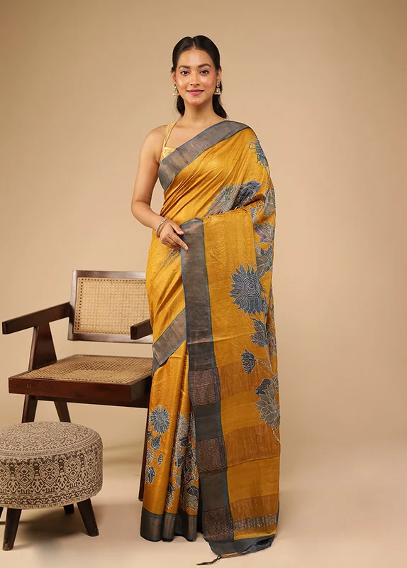 Yellow Handloom Tussar Pure Silk Saree With Blouse Piece One Size