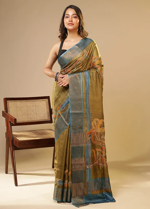 Yellow Handloom Tussar Pure Silk Saree With Blouse Piece One Size