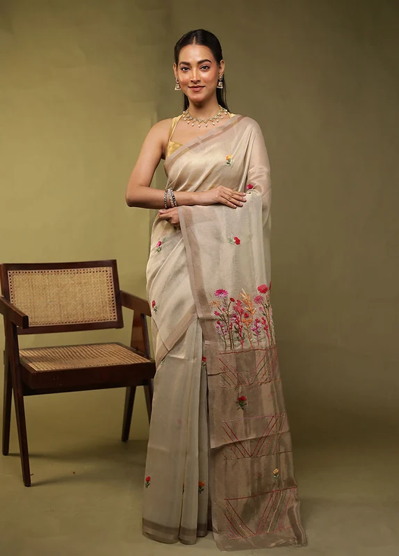 Cream Linen Silk Saree With Blouse Piece One Size