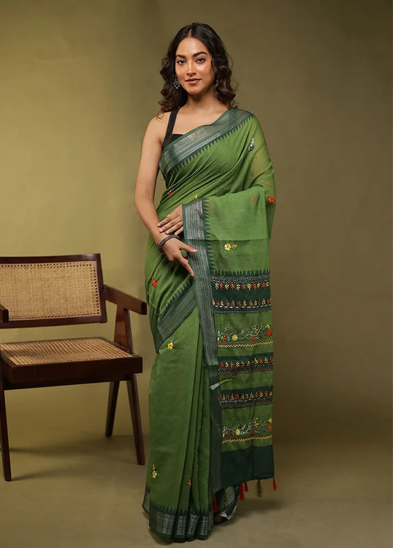 Green Linen Silk Saree With Blouse Piece One Size