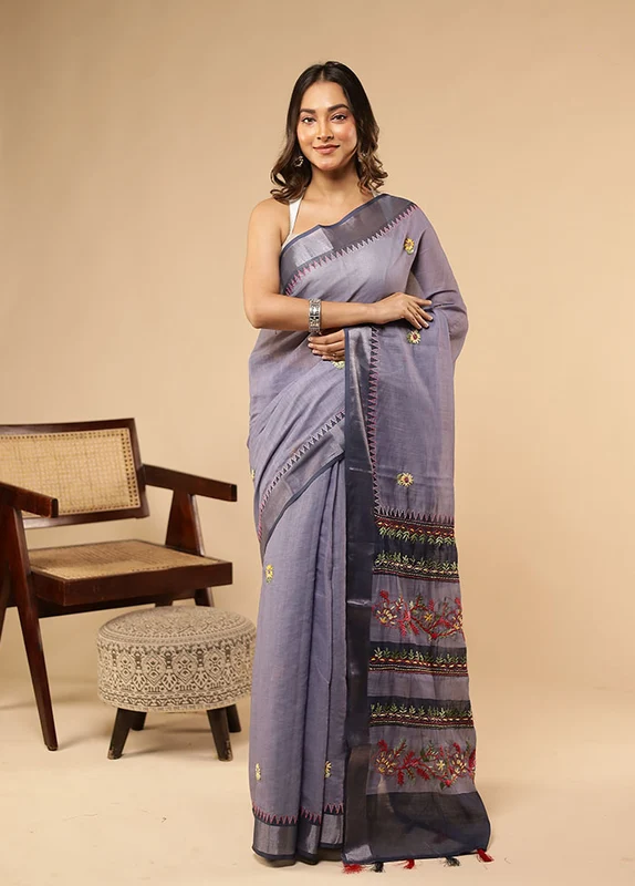 Blue Linen Silk Saree With Blouse Piece One Size