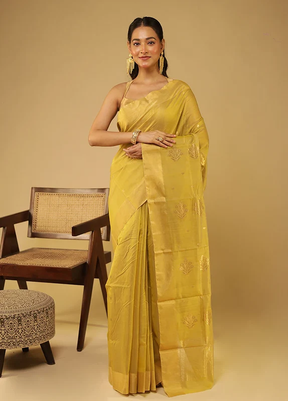 Yellow Chanderi Silk Saree With Blouse Piece One Size