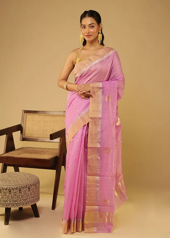 Pink Chanderi Silk Saree With Blouse Piece One Size