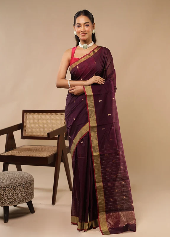 Maroon Chanderi Silk Saree With Blouse Piece One Size