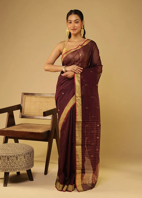 Brown Chanderi Silk Saree With Blouse Piece One Size