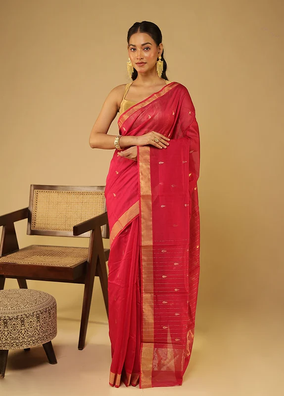 Red Chanderi Silk Saree With Blouse Piece One Size