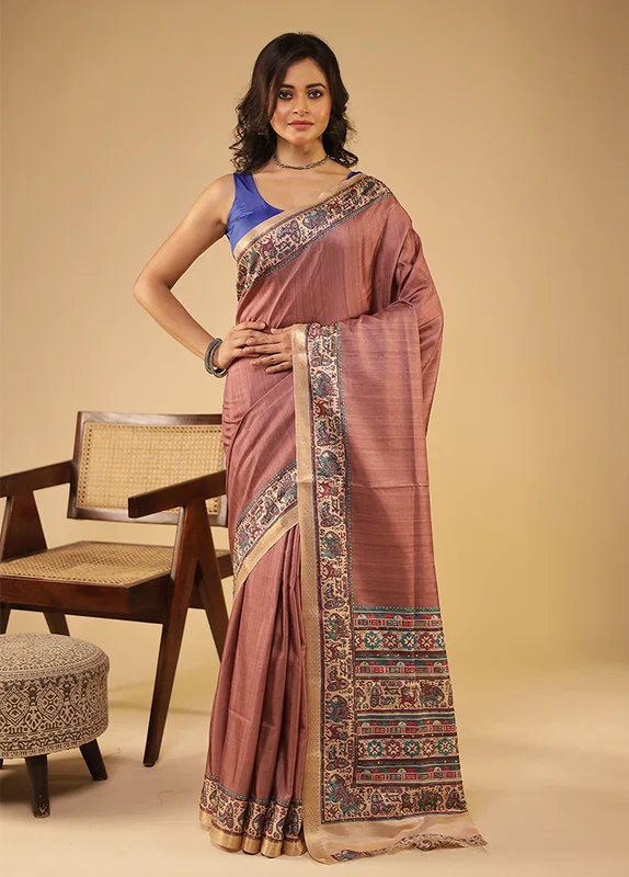 Purple Tussar Silk Saree With Blouse Piece One Size