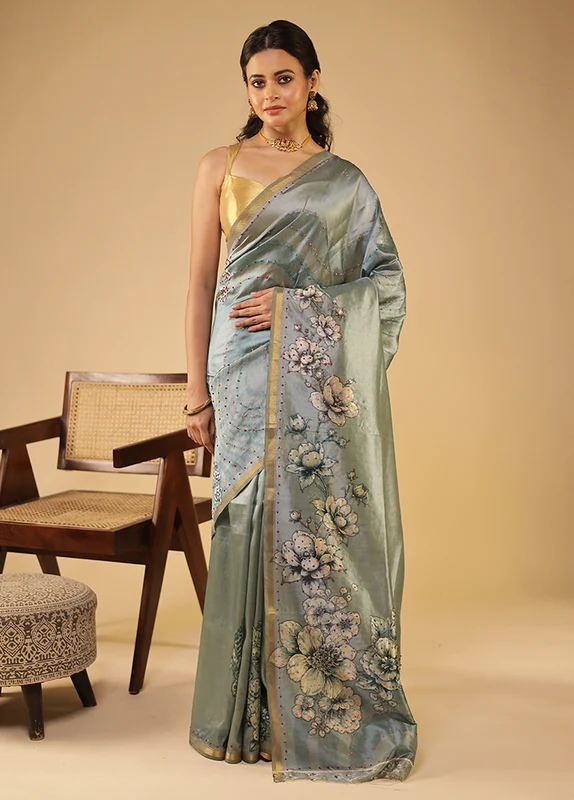 Green Tussar Silk Saree With Blouse Piece One Size