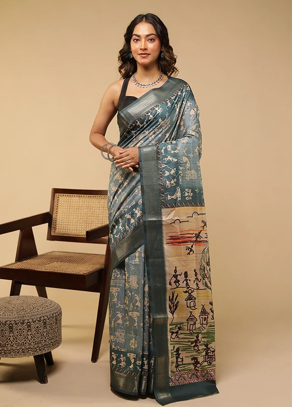 Green Tussar Silk Saree With Blouse Piece One Size