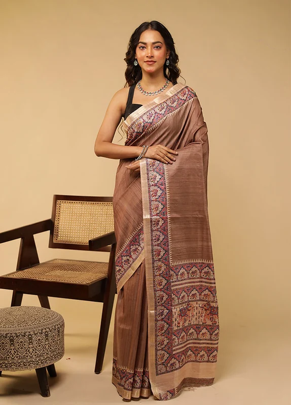 Brown Tussar Silk Saree With Blouse Piece One Size