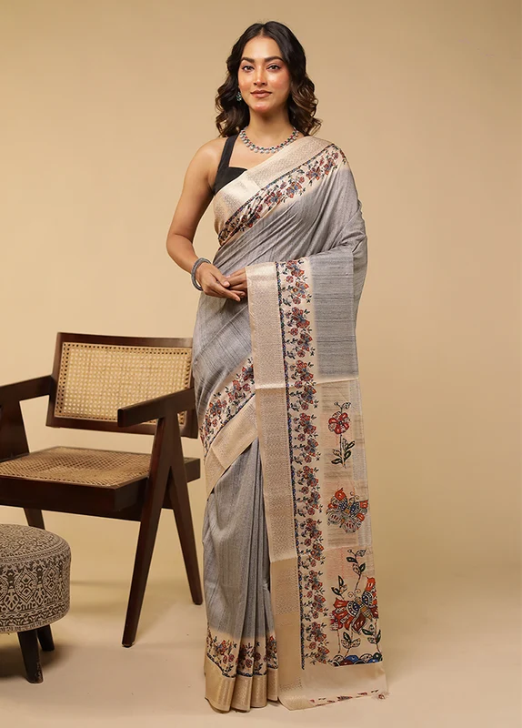 Grey Tussar Silk Saree With Blouse Piece One Size