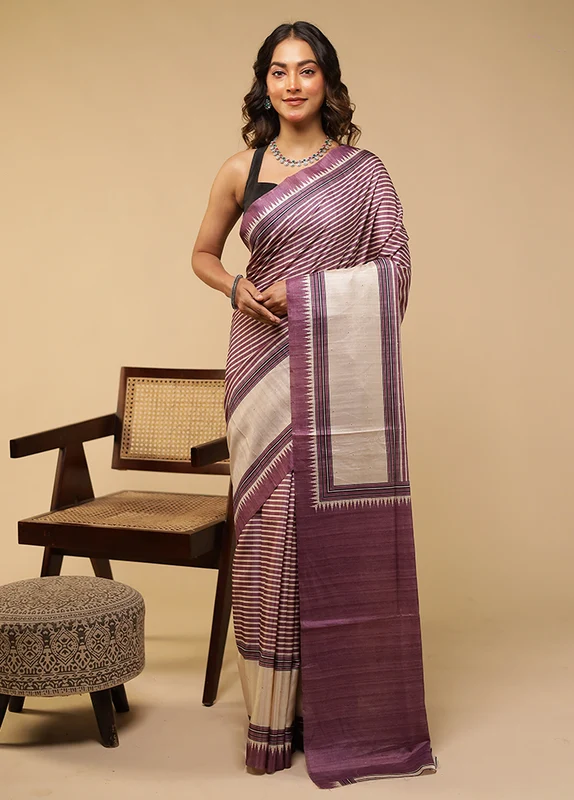 Purple Tussar Silk Saree With Blouse Piece One Size
