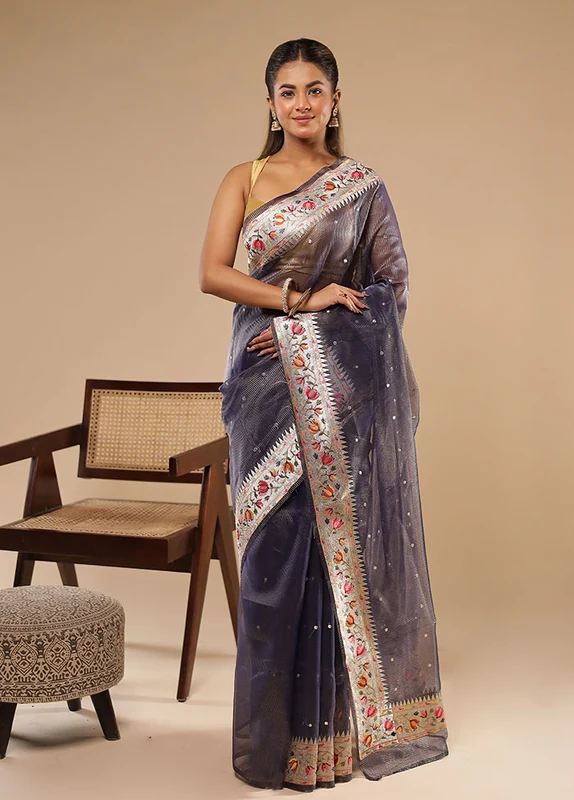 Blue Tissue Silk Saree With Blouse Piece One Size